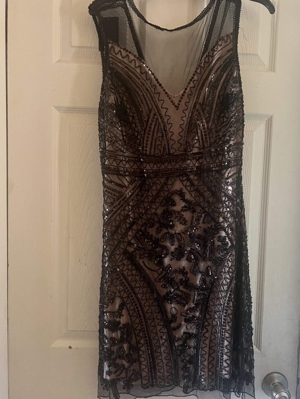 Sleeveless Black Sequin Embellished Midi Dress with Nude Underlayer